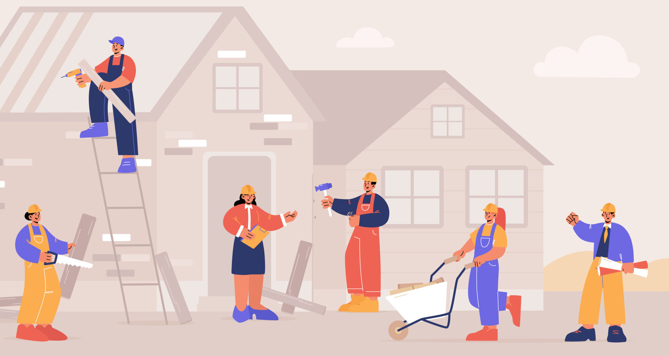 Home renovation workers crew build or repair house
